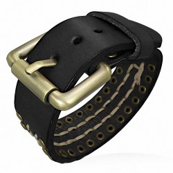 Bracelet en cuir noir avec boucle de ceinture et double rangée de rivets