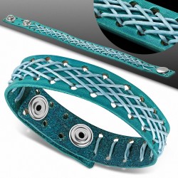 Bracelet pression en corde croisée avec armure en cuir bleu véritable