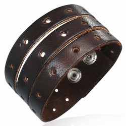 Bracelet en cuir brun véritable à 3 rangs avec boutons pression