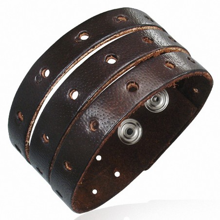 Bracelet en cuir brun véritable à 3 rangs avec boutons pression
