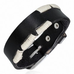 Bracelet en cuir noir avec boucle de ceinture en corde blanche