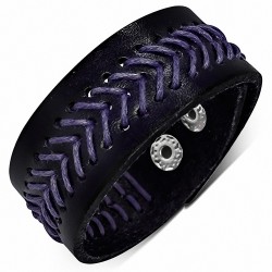 Bracelet en cuir véritable noir / violet avec cordon et armure en corde
