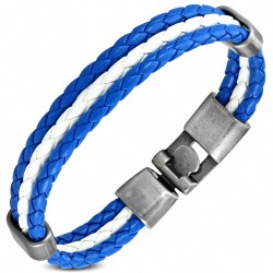 Bracelet fantaisie à trois rangées en cuir PU tressé blanc et bleu