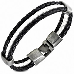 Bracelet fantaisie à trois rangées en cuir PU tressé blanc et noir