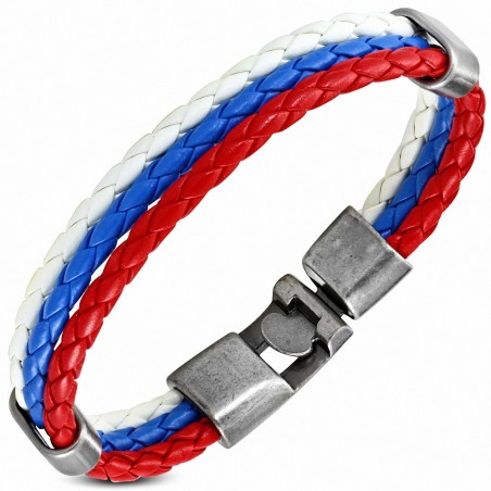 Bracelet à bascule  en cuir PU tressé à 3 rangs - Bleu et blanc