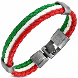 Bracelet fantaisie à trois rangées en cuir PU tressé vert blanc rouge