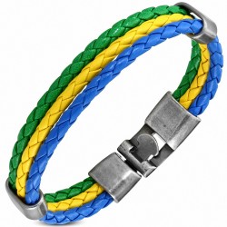Bracelet fantaisie en cuir PU tressé à 3 rangs en cuir jaune et bleu