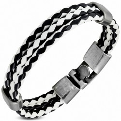 Bracelet à bascule en cuir PU tressé noir et blanc à trois rangées