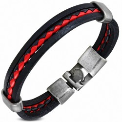Bracelet à bascule en cuir PU tressé noir et rouge