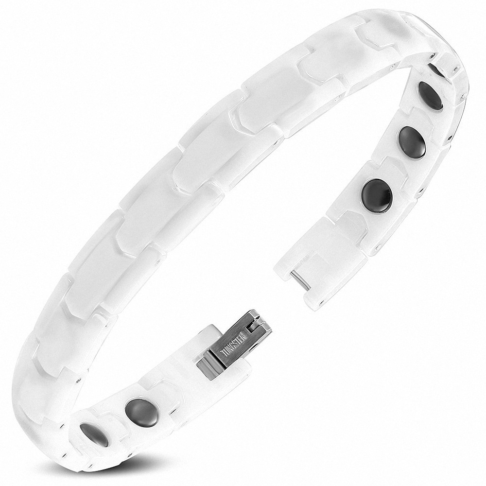 L-19cm W-8mm | Bracelet à maillons en céramique blanche avec panthère magnétique