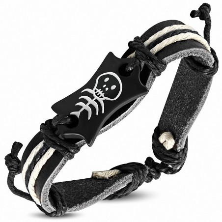 Bracelet de style montre en cuir noir et crâne en os