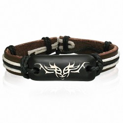 Bracelet style montre en cuir marron avec corde noire blanche et symbole tribal