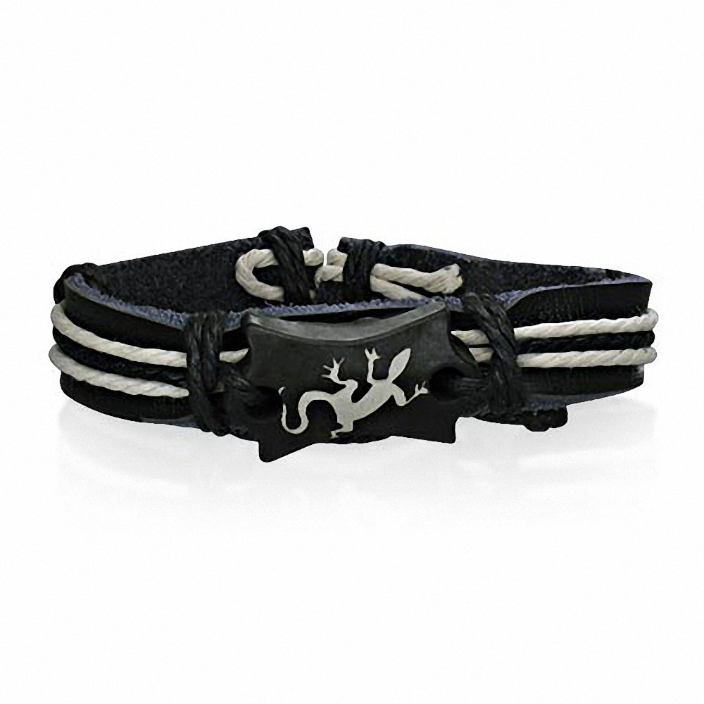 Bracelet style montre en cuir noir avec corde noire blanche et Lézard
