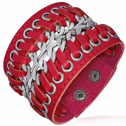 Bracelet pression en cuir tressé rouge à double chaîne et cuir véritable