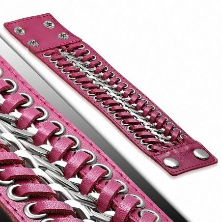 Bracelet pression à double chaîne en cuir tressé rose véritable