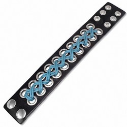 Bracelet de force en cuir noir avec rivets et cordes croisées turquoise