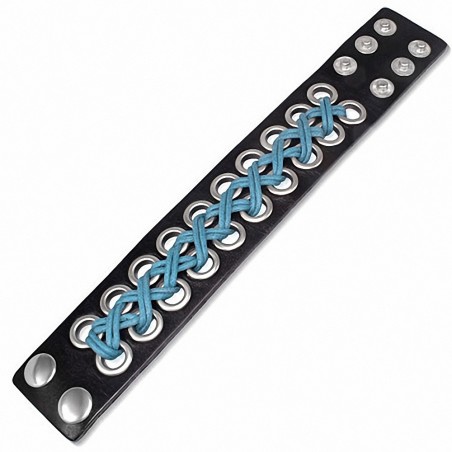 Bracelet de force en cuir noir avec rivets et cordes croisées turquoise