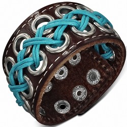 Bracelet de force en cuir marron avec cordes croisées turquoise et rivets