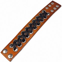 Bracelet de force en cuir clair avec cordes croisées noires et rivets