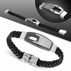Bracelet en cuir tressé en PVC avec finition en acier inoxydable mat de style montre en acier inoxydable