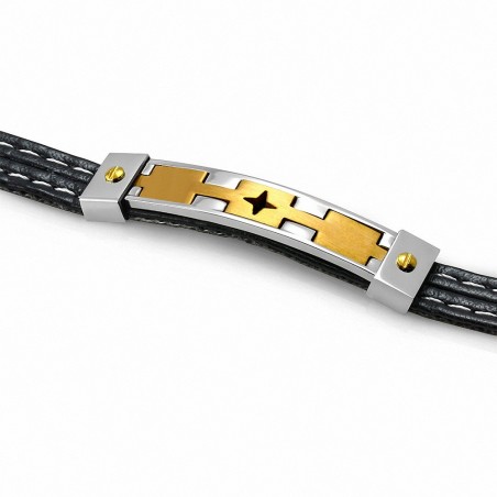 Bracelet en cuir noir avec montre en acier inoxydable 3 étoiles en forme de croix