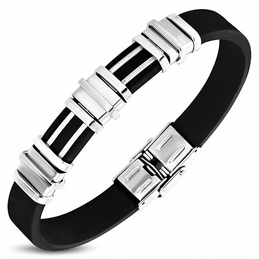 Bracelet en caoutchouc noir avec montre géométrique en acier inoxydable A