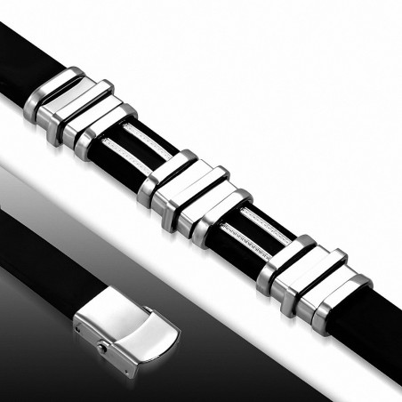 Bracelet en caoutchouc noir avec montre géométrique en acier inoxydable A