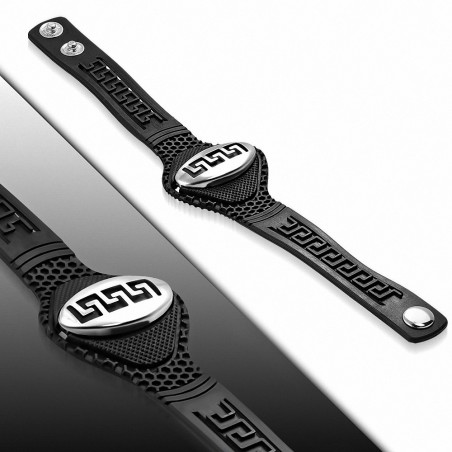 Bracelet à pression en caoutchouc noir avec une clé ovale en forme de clé grecque à découper en acier inoxydable
