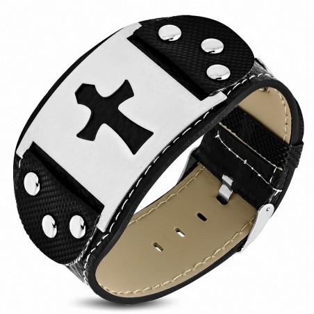 Bracelet en cuir avec boucle de ceinture en cuir avec montre en acier inoxydable à motif de croix
