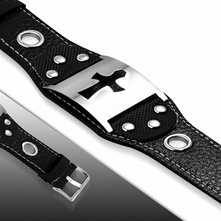 Bracelet en cuir avec boucle de ceinture en cuir avec montre en acier inoxydable à motif de croix