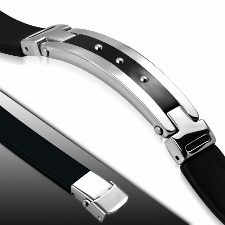 L-23.5cm L-10mm | Bracelet en caoutchouc noir avec montre en acier inoxydable 2 tons