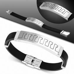 Bracelet en caoutchouc noir avec montre en acier inoxydable à clé grecque A