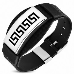 Bracelet en caoutchouc noir avec boucle de ceinture et montre en acier inoxydable avec clé grecque à découper