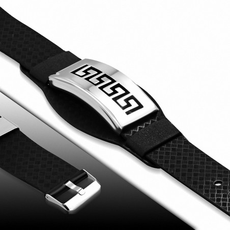 Bracelet en caoutchouc noir avec boucle de ceinture et montre en acier inoxydable avec clé grecque à découper