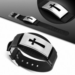 Bracelet en caoutchouc noir avec boucle de ceinture 2 tons avec découpage en acier inoxydable en forme de croix en style latin