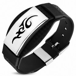Bracelet en caoutchouc noir avec boucle de ceinture avec symbole tribal découpé en acier inoxydable