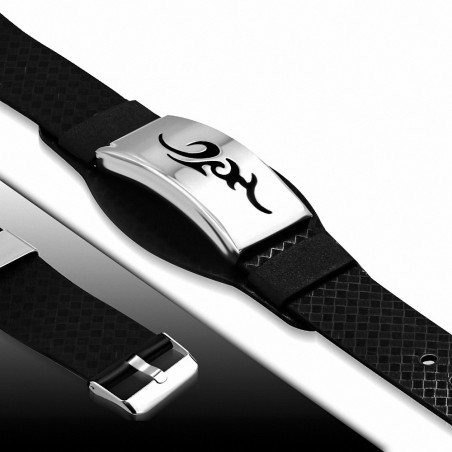 Bracelet en caoutchouc noir avec boucle de ceinture avec symbole tribal découpé en acier inoxydable