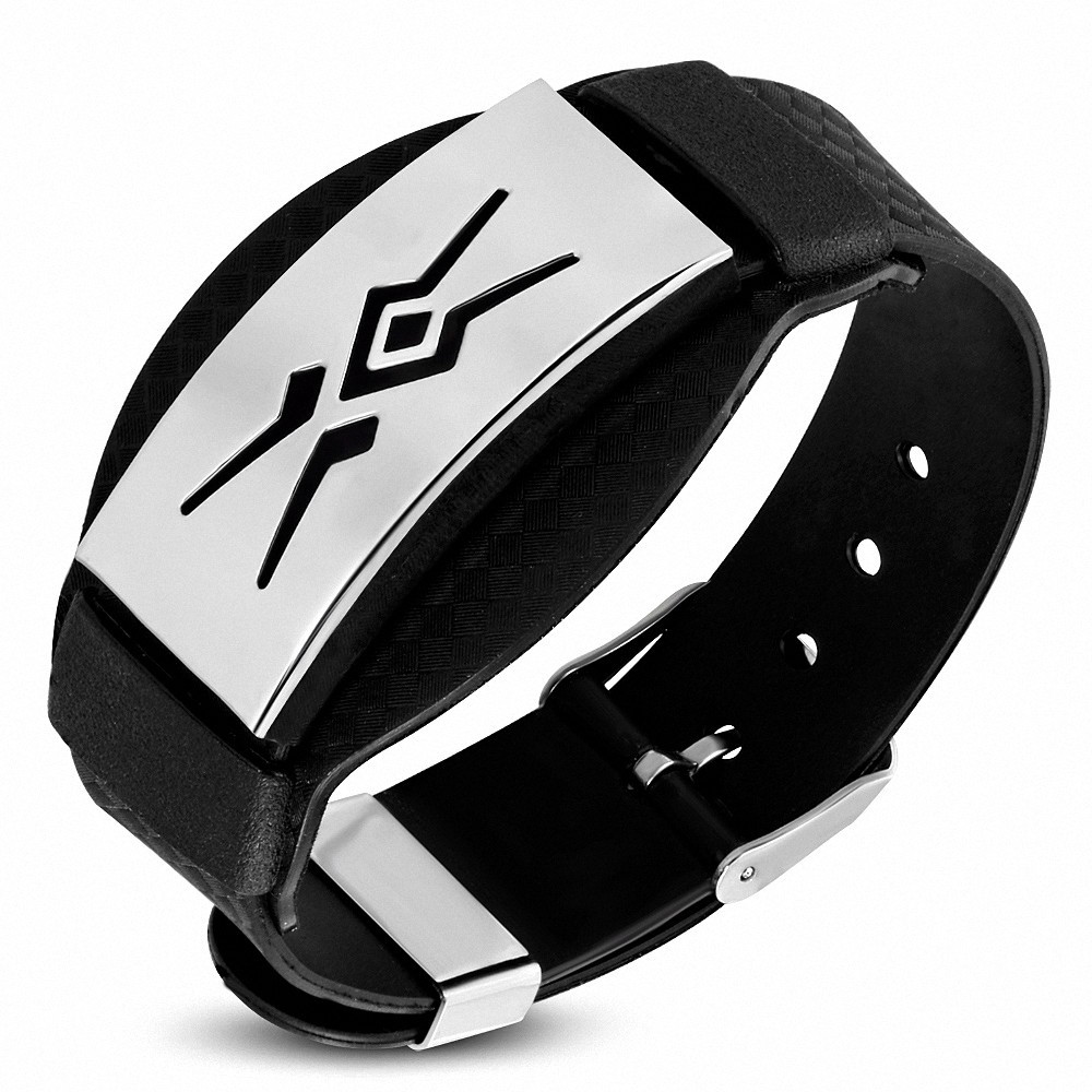 Bracelet avec boucle de ceinture en caoutchouc noir avec découpe en acier inoxydable