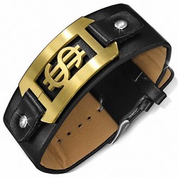 Bracelet en cuir noir avec boucle de ceinture en cuir avec acier inoxydable et signe de l'argent 3 tons en forme de dollar