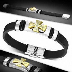 Bracelet en caoutchouc noir avec montre en croix en maltaise de clé grecque bicolore en acier inoxydable