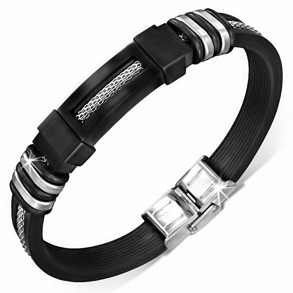 Bracelet en caoutchouc noir avec montre en maille 2 tons en acier inoxydable