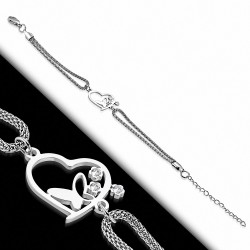 Bracelet maillon de rallonge avec coeur ouvert et papillon en acier inoxydable et strass transparents