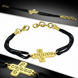 Bracelet en corde noire avec chaîne de rallonge en acier inoxydable doré et croix latine motif clé grecque