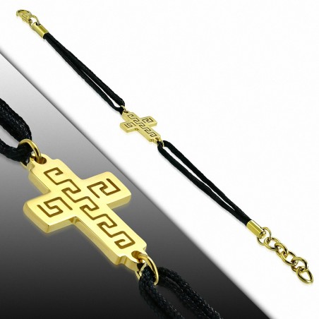 Bracelet en corde noire avec chaîne de rallonge en acier inoxydable doré et croix latine motif clé grecque