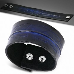 Bracelet en cuir véritable noir à pression en forme de feuille bleue à deux tons