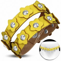 Bracelet pression double tour de cou de cuir PU en cuir PU jaune / tour de cou w / strass