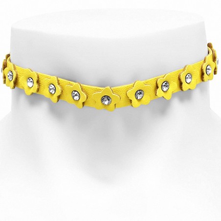 Bracelet pression double tour de cou de cuir PU en cuir PU jaune / tour de cou w / strass