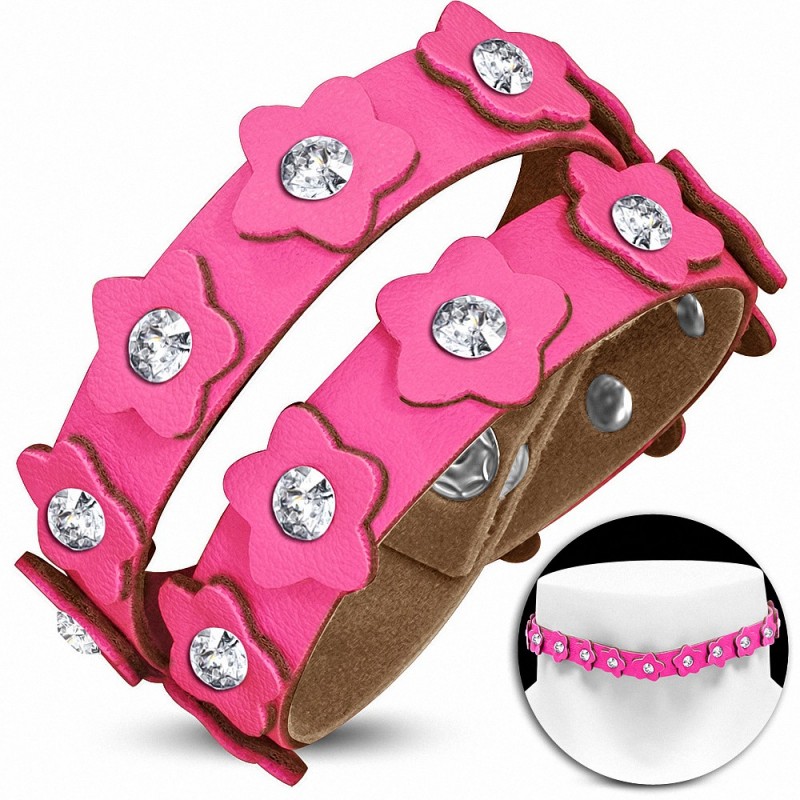 Bracelet pression double tour de cou de cuir PU en cuir PU rose / tour de cou w / strass