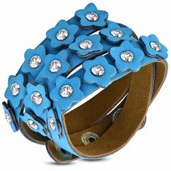 Bracelet à pression en cuir PU avec goujon triple en forme de fleur en cuir bleu
