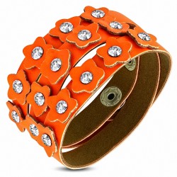 Bracelet à pression en cuir PU avec goujon triple en forme de fleur orange en cuir